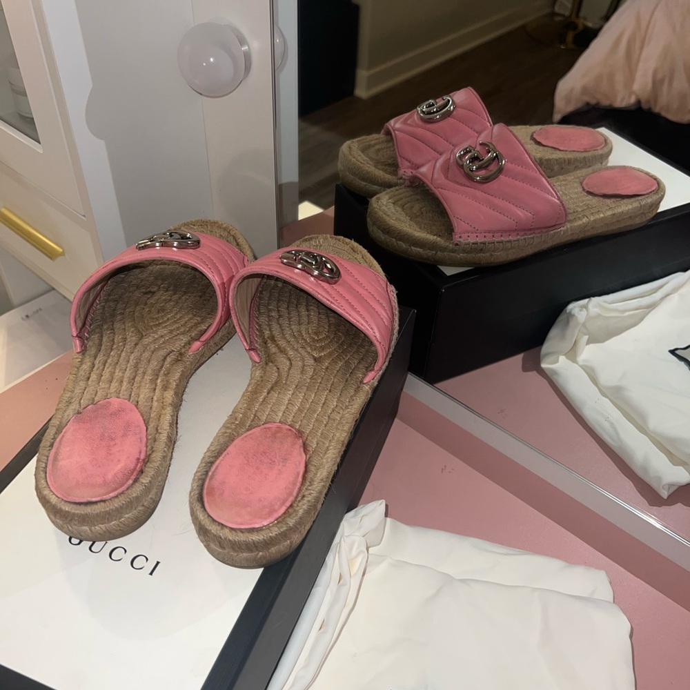 Gucci Pink Marmont Double G Leather Espadrille Slides – Size 38 (Pre-Loved) - Picture 2 of 6